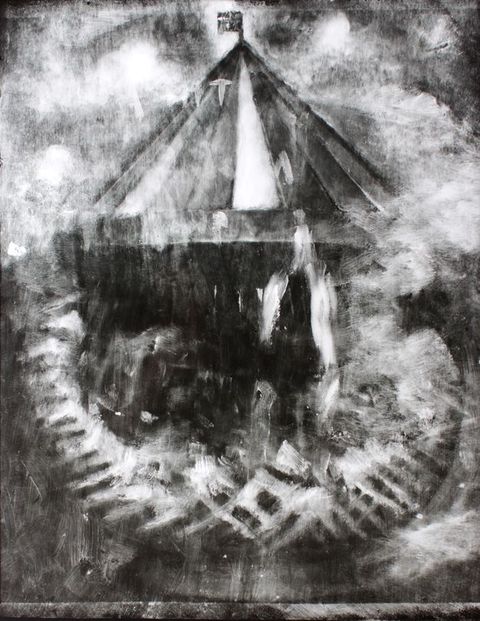 X-radiograph. The shape of a carousel emerges from a hazy black and white image of this painting.