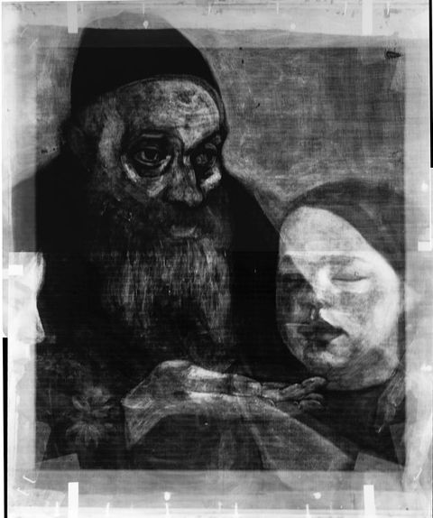 X-radiograph. In a hazy, mottled black and white image, a man with a long beard, wearing a brimless cap, holds his hand to gingerly touch the chin of a young girl next to him. A flower-like form is in the shadows in the lower left.