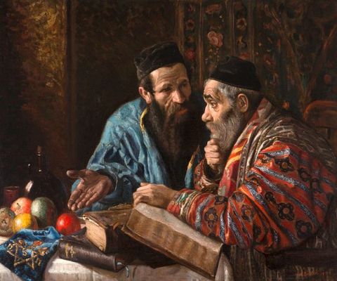Painting. Shown from the waist up, two pale-skinned men sit at a table covered with thick books, fruit, a bottle, and a cloth with a gold six-pointed star. Both men have long beards, and pronounced wrinkles line their faces. They wear black caps and voluminous robes.