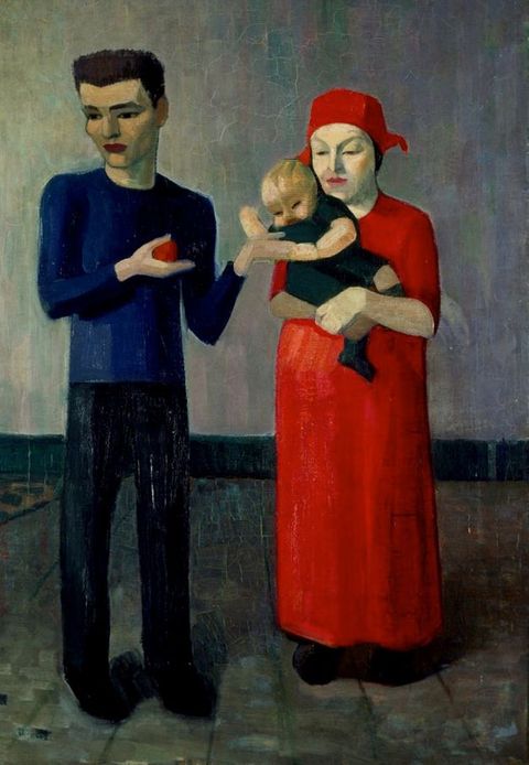Painting. A man wearing a blue shirt and black pants stands looking to our left as he gestures to our right towards a woman wearing bright red, holding a baby. All three have pale skin. Their features and clothing are stylized, painted as planes of colour.
