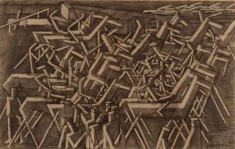 Drawing. Dozens of horses and riders are so stylized they appear to be a jumble of sticks at first glance. Straight legs and stick figures of the people and horses cluster tightly together. Some areas are overdrawn with black grids.