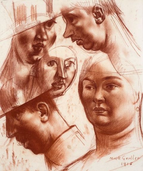 Drawing. The faces of three women and two men are sketched with red chalk. The two men look forwards with their chins tucked. The most complete female face looks steadily off into the distance.