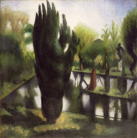 Painting. A dark green, narrow tree almost bisects this painting to our left of centre of a park or garden in front of a square pond. The surface of the water is glassy, and the trees, shrubs, and grass are painted loosely in some areas, like along the bottom of the canvas, and with blended strokes elsewhere, like in the trees farther back.