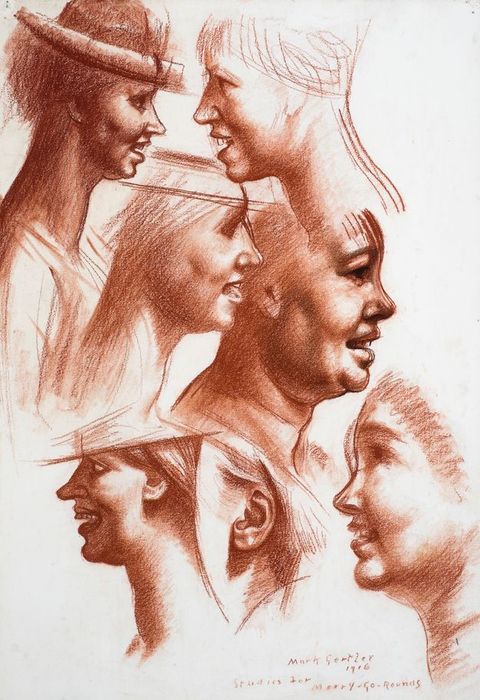 Drawing. The faces of six women, plus one ear, are sketched with red chalk. Each are shown in profile, lips parted in a smile and top teeth silhouetted or protruding against the white paper.