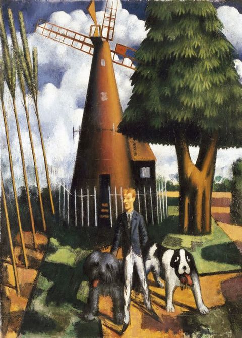 Painting. A pale-skinned man stands between two big dogs who come up to hip height on the man. All three are in front of a conical, brown mill. The conical canopy of a tree to our right is on a forked but smooth trunked tree.