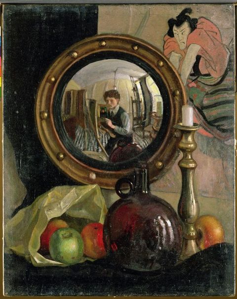 Painting. A man painting at an easel is reflected in a concave, round mirror hanging over a bag of fruit, a red glass vase, and a brass candlestick. The man is clean-shaven with pale skin and brown curly hair.