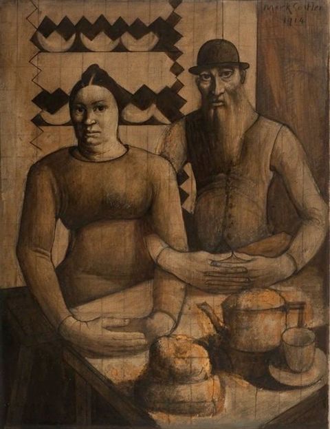 Watercolour. A man and woman sit at a table with their arms linked. The woman has rounded features and a double chin, and the bearded man has large eyes and nose. A grid is drawn over the surface of the paper.