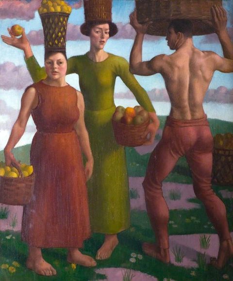 Painting. Two pale-skinned women and a man stand holding baskets of fruit in their hands and balanced on their heads. The scene is stylized so the people’s bodies and landscape are painted smoothly in intense garnet red, pea and emerald green, lavender purple, and pale blue.