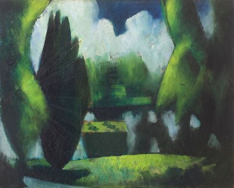 Painting. A green park or garden is painted with blended jewel-toned green and blue to create a soft, almost blurry look. A change in the texture of the paint creates lines radiating out from a point near the left edge.