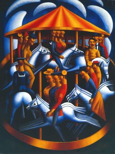 Painting. People in tan, royal blue, or scarlet red clothing ride carousel horses in this stylized composition. The people, horses, and the carousel are simplified and smoothed into geometric forms. Each row of three horses and their riders are compressed, and the horse’s extended legs overlap.