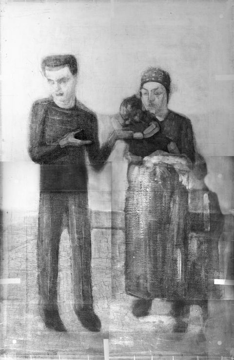 X-radiograph. In black and white, a man, a woman holding a baby, and a child standing in a room are outlined in hazy forms.